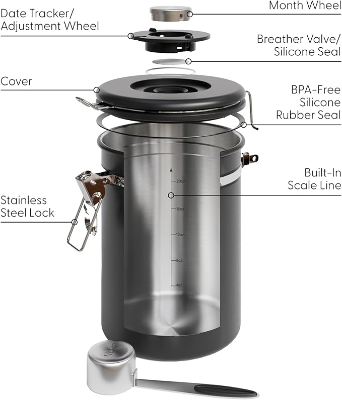 Veken Coffee Canister Gift Set with Window, Airtight Stainless Steel Kitchen Food Storage Container with Date Tracker and Scoop for Grounds Coffee, Beans, Tea, Flour, Cereal, Sugar, 22&16OZ,Black
