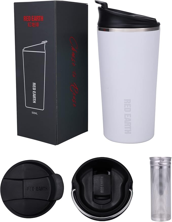 GiNT 17oz Travel Mug with Infuser and Two Lids. Vacuum Insulated 316 Stainless Steel Coffee Mug. Dishwasher Safe Mug with Tea Strainer for Hot and Cold Brew Coffee or Tea(White)