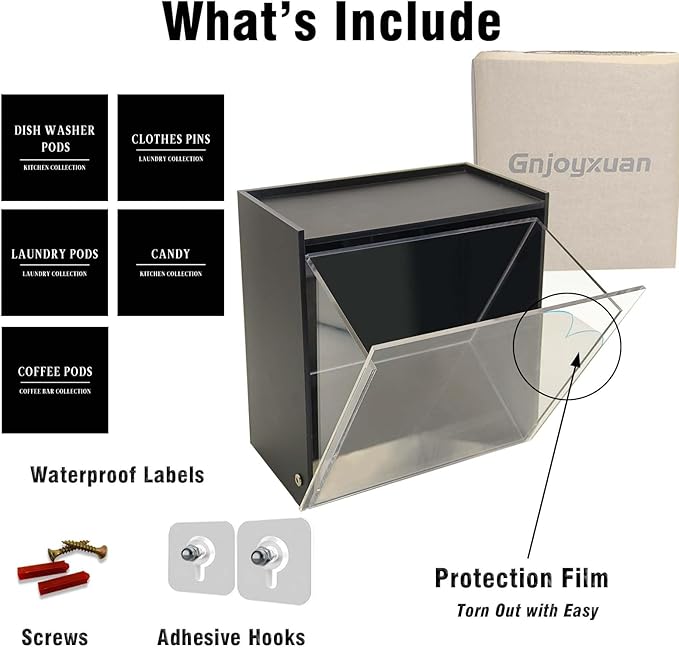 Laundry Pods Container, Acrylic Wall Mounted Organizer with Extra Labels, Candy Dispenser Coffee Pod Holder Dishwasher Pods Case for Home,Kitchen, Office, Black