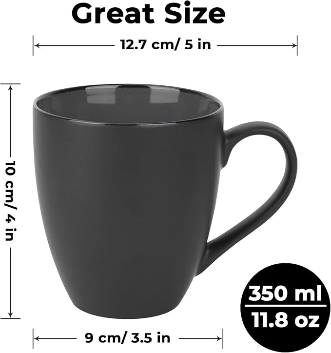 MIAMIO - Set of 6 Stoneware Coffee Mugs 12 Ounce/Cup Set - Le Papillon Collection (Black)