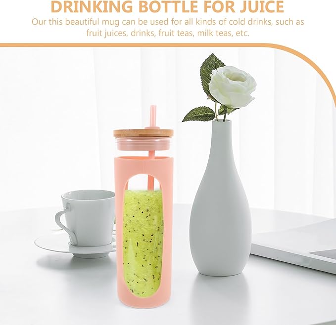 Glass Water Cup with Lid and Straw, Reusable Glass Tumbler with Silicone Sleeve, 16oz Coffee and Juice Drinking Cup for Cold Brew and Beverage on The Go
