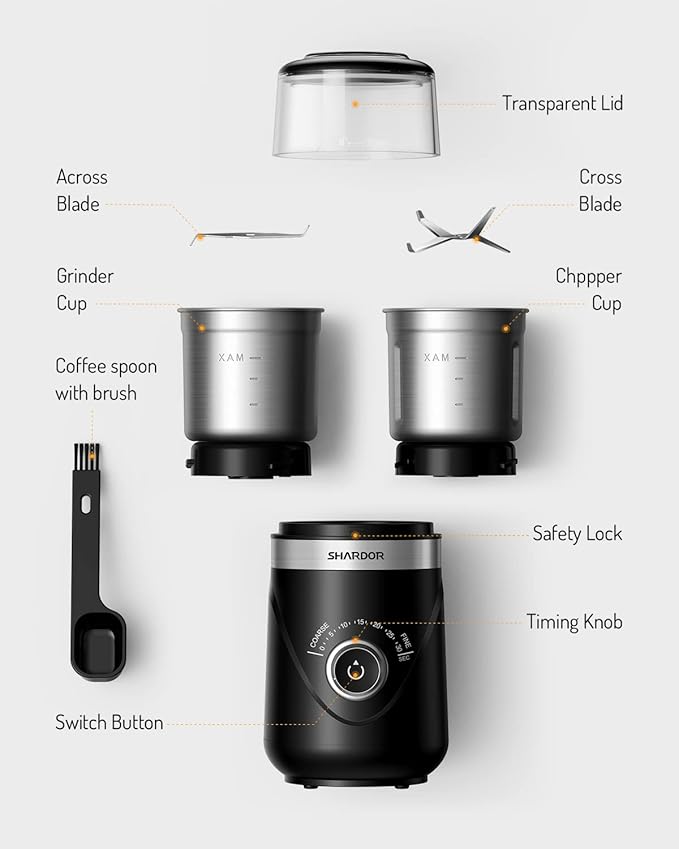 SHARDOR Electric Super Silent Blade Coffee Grinder, Timed Grind Control Rotary Knob, Adjustable Coarse to Fine for Coffee Beans, Spices & Herbs, with 2 Removable Stainless Steel Bowl, Black