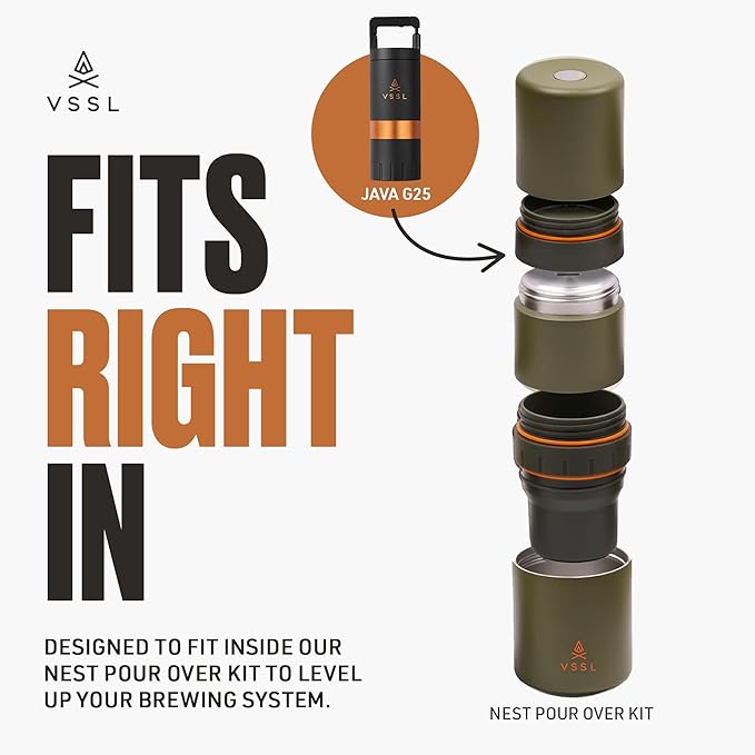 VSSL - Nest Pour Over Coffee Kit + Java G25 Bean Grinder Bundle | Coffee for Camping | Pour Over Dripper | Two 10oz Stainless Steel Travel Mugs | Sahara/Carbon