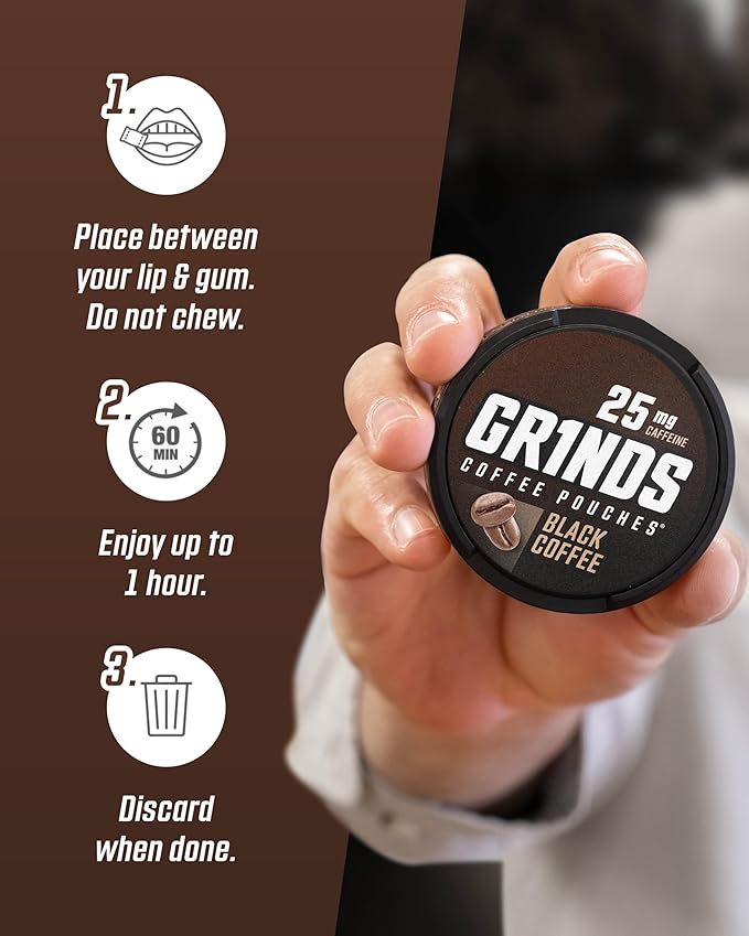 Grinds Coffee Pouches | Free, Nicotine Free clean energy option | 6 Cans of Black Coffee | 18 Pouches Per Can | 1 Pouch eq. 1/4 Cup of Coffee (Black Coffee)