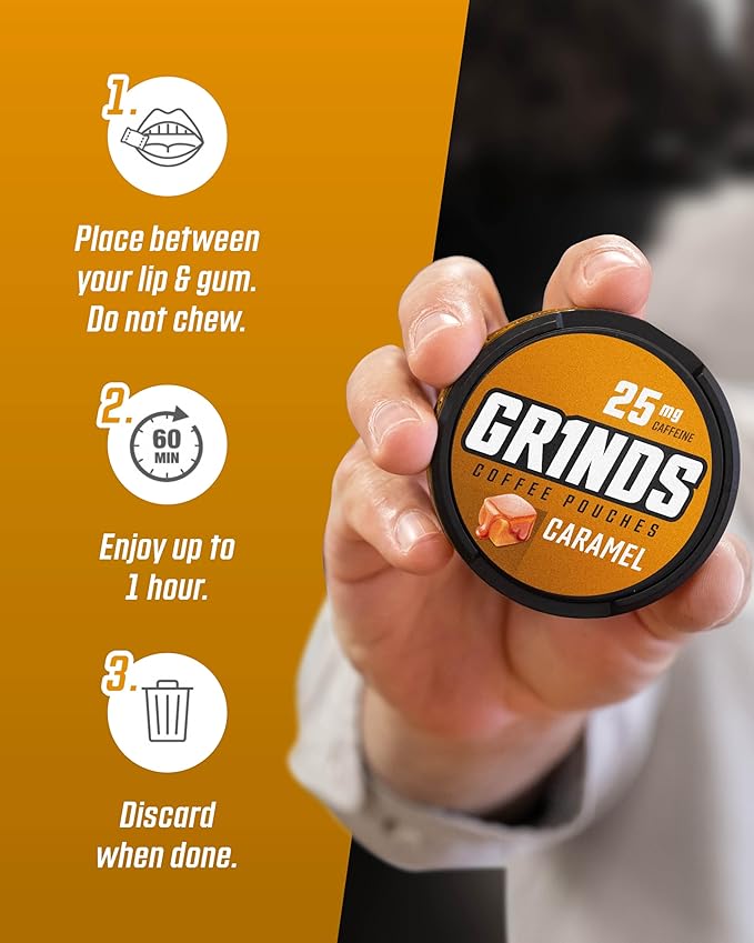 Grinds Coffee Pouches | Free, Nicotine Free clean energy option | 6 Cans of Caramel | 18 Pouches Per Can | 1 Pouch eq. 1/4 Cup of Coffee (Caramel)