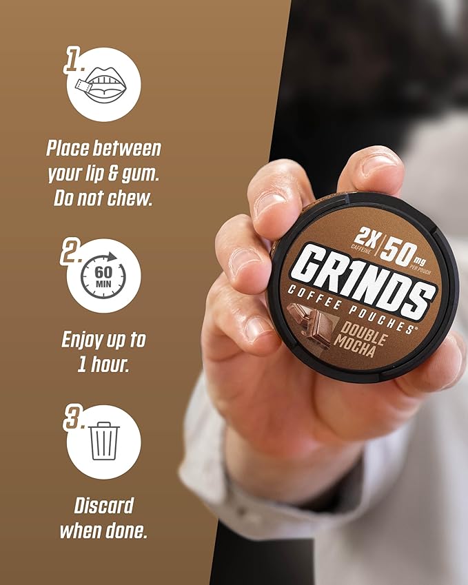 Grinds Coffee Pouches | Free, Nicotine Free clean energy option | 3 Cans of Double Mocha | 18 Pouches Per Can | 1 Pouch eq. 1/4 Cup of Coffee (Double Mocha)