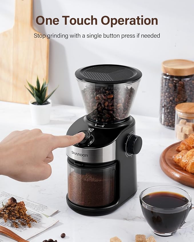 SHARDOR Electric Burr Coffee Grinder for Home Use, Coffee Bean Grinder for 32 Grind Settings, 40-Second Adjustable Timer, One-Touch Start & Cleaning Button, Black