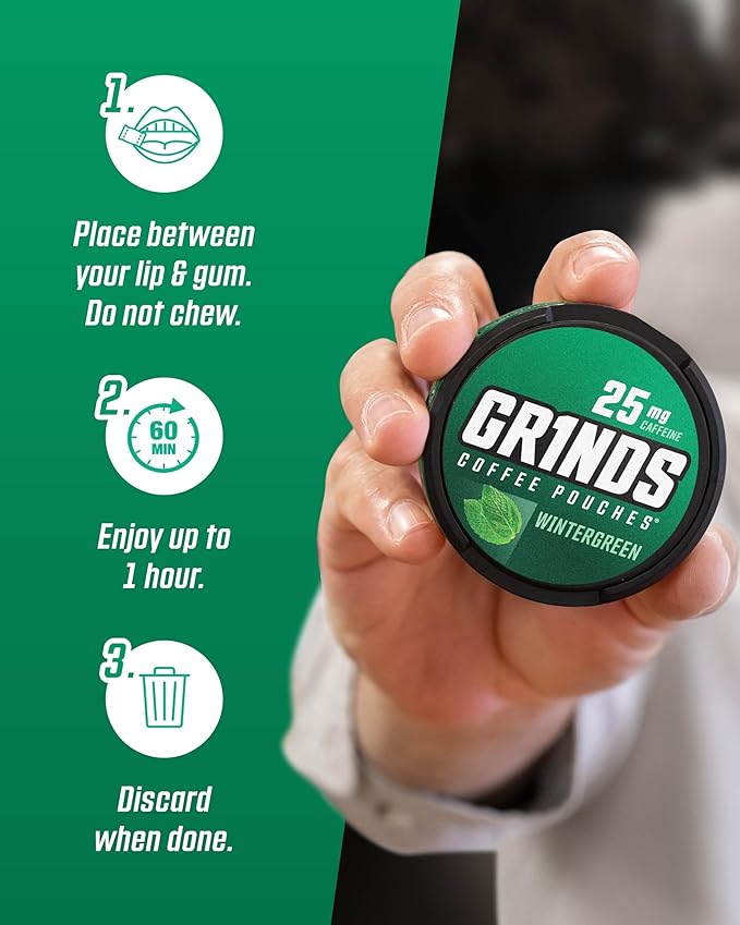 Grinds Coffee Pouches | Wintergreen Flavor | 10 Cans | Brew-Free Coffee Alternative | 18 Pouches Per Can