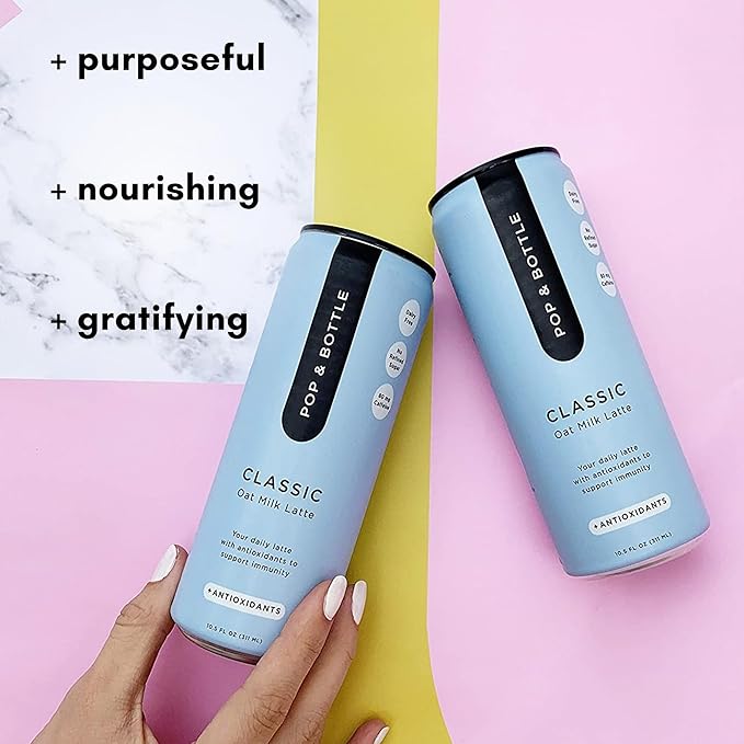 Pop & Bottle, Oat Milk Lattes - Cold Brew with Coffee Berry Antioxidants, MCT Oil, Organic, Dairy Free, Gluten Free, Great as Iced Coffee, Lightly Sweetened with Dates - Classic, 8 Fl Oz (12 Pack)