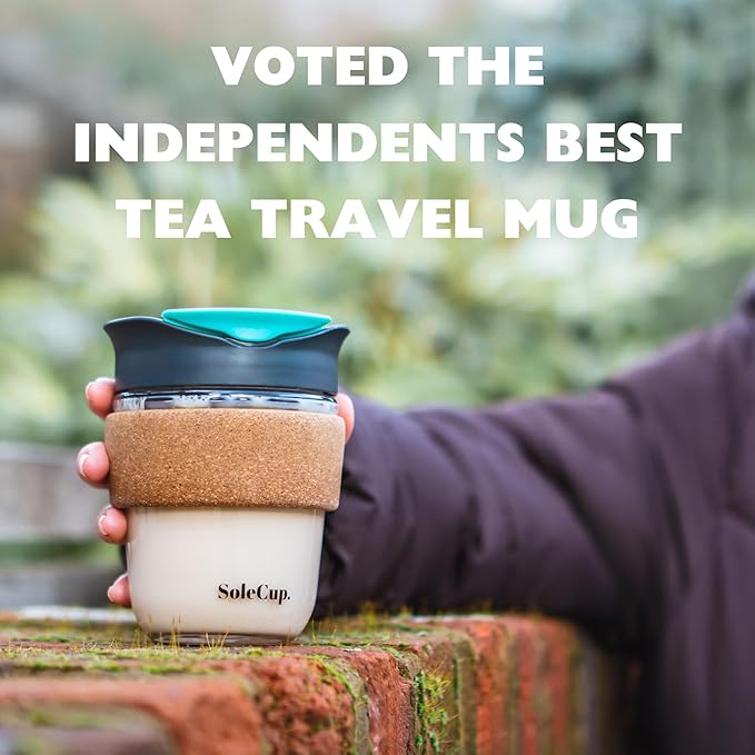 Reusable Strengthened Glass Travel Cup - Spill Proof Insulated Coffee Mug - 12oz/340ml BPA-Free Hot Drink Travel Mug with Lid & Cork Band (Gray and Blue)