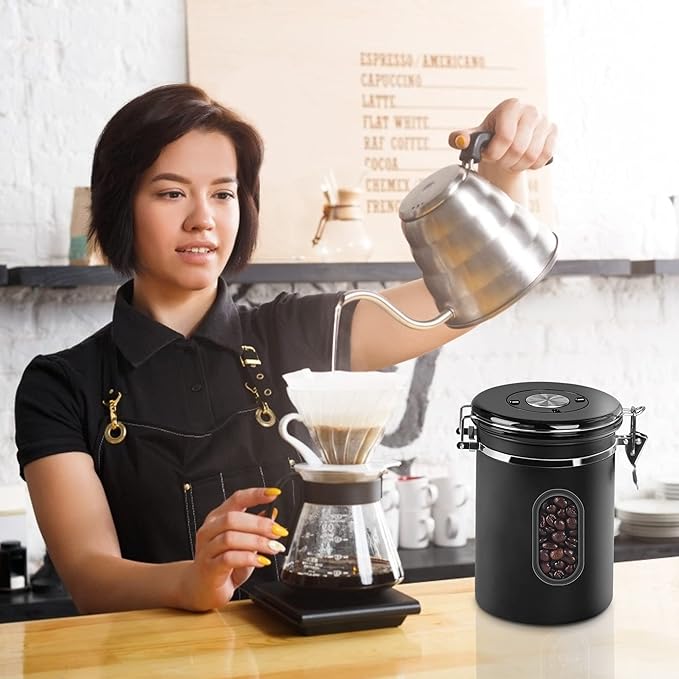 1800ML Airtight Coffee Canister with Date Tracker&Transparent Window, 22.8OZ Coffee Container with 30ML Measure Spoon&4 co2 Valve, Coffee Bean Storage Container for Grounds Coffee, Beans, Tea(Black)