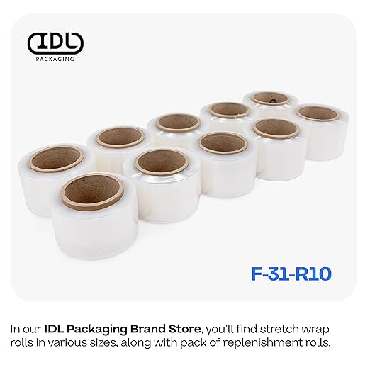 IDL Packaging 3" Stretch Wrap Mini Roll, 700 feet, 120 Gauge (Pack of 12) with a Plastic Handle Included – Industrial Grade Clear Plastic Wrap – Improved Protection for Packing, Moving, or Office