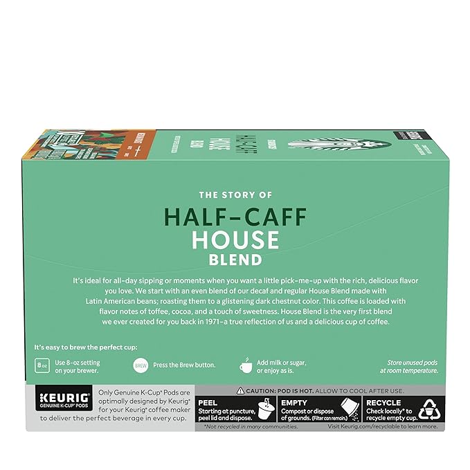Starbucks K-Cup Coffee Pods, Medium Roast Hot or Iced Coffee, Half-Caff House Blend, 60 Keurig Pods