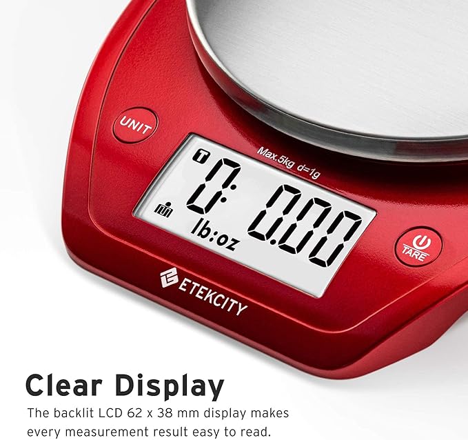 Etekcity 0.1g Food Kitchen Scale, Bowl, Digital Grams and Ounces for Weight Loss, Dieting, Baking, Cooking, and Meal Prep, 11lb/5kg, Stainless Steel Red