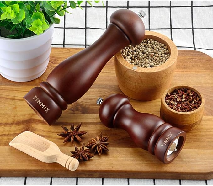 Wooden Pepper Grinder or Salt Mill, TINMIX Black Peppercorn Grinder with Adjustable Roughness Ceramic Rotor and Easily Refillable, Oak Wood Capstan Sea Salt Mill for Your Kitchen (5 inch)