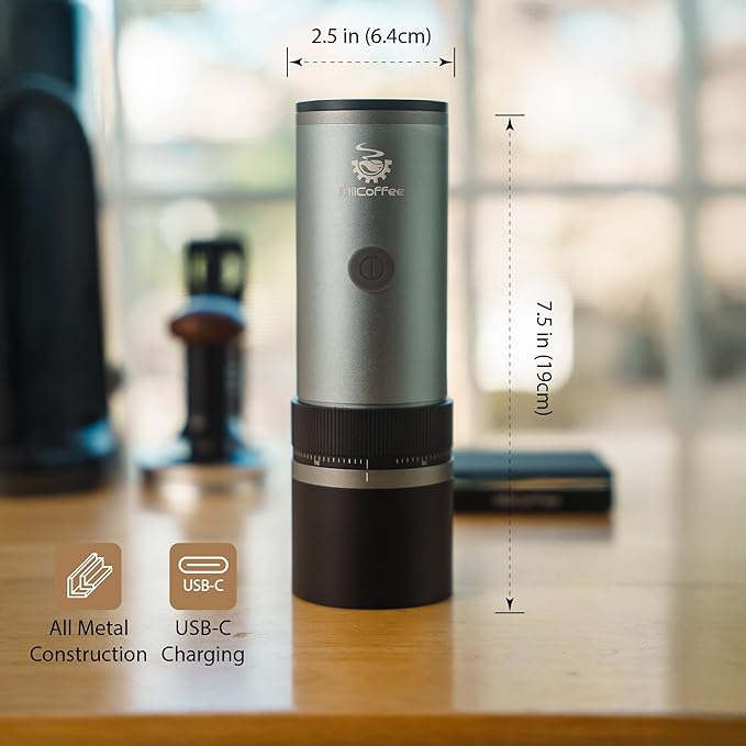 MiiCoffee PT2 Portable Electric Burr Coffee Grinder, USB-C Rechargeable Stainless Conical Burr Grinder, Aluminum Body with Cleaning Brush Included