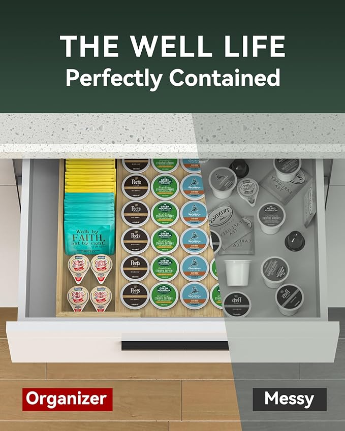 Larger Expandable Bamboo Coffee Pod Holder for Counter Drawer Display, 35 Pod Capacity, K-Cup Pods - Tea Bags Storage Organizer Holder (Bamboo)