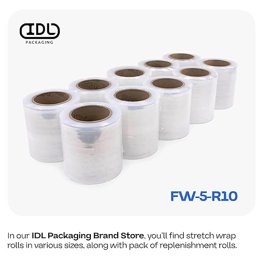 IDL Packaging 5" Stretch Wrap Mini Roll, 700 feet, 120 Gauge (Pack of 8) with a Plastic Handle Included – Industrial Grade Clear Plastic Wrap – Improved Protection for Packing, Moving, or Office