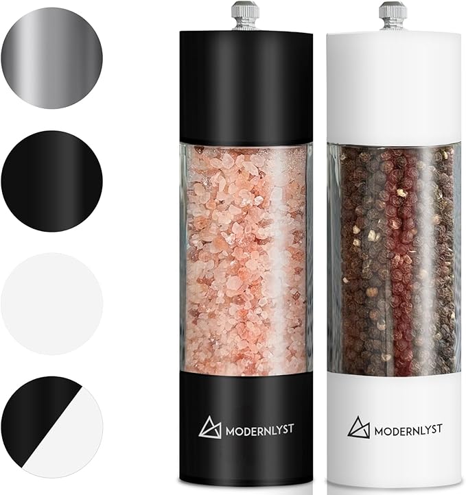 Manual Salt and Pepper Grinder Set of 2 | Large Round Salt and Pepper Shakers Set | 7.5 inch Stainless Steel Salt Grinder Refillable | Pepper Grinder Manual | Black & White