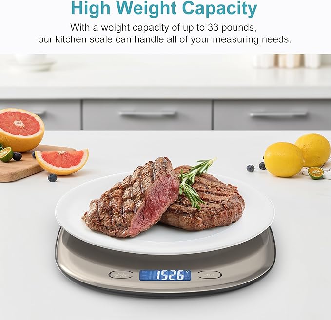 Ultrean High Capacity Food Scale, 33lb Rechargeable Digital Kitchen Scale with LCD Display, Slim & Lightweight Design, 1g Precise Graduation, Weight Grams and Ounces for Cooking, Baking & Meal Prep