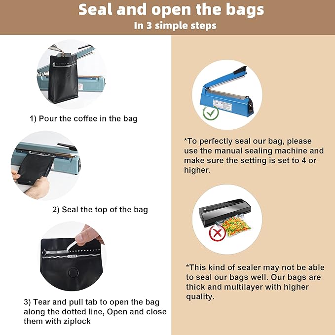 Black Coffee Bags with Valve (Pack of 100, 16oz/1 lb Size) - High Barrier Aluminum Foil - Flat Bottom Coffee Pouches with Rsealable Zipper & Easy Open Tape