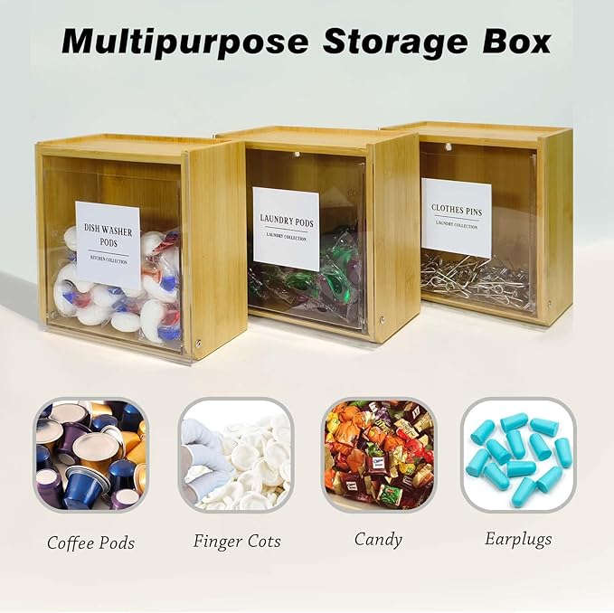Laundry Pods Container, Acrylic Wall Mounted Organizer with Extra Labels, Candy Dispenser Coffee Pod Holder Dishwasher Pods Case for Home,Kitchen, Office, Bamboo
