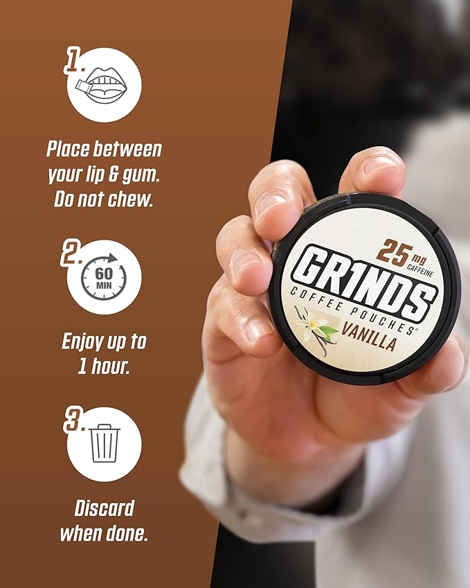 Grinds Coffee Pouches | Vanilla Flavor | 10 Cans | Brew-Free Coffee Alternative | 18 Pouches Per Can