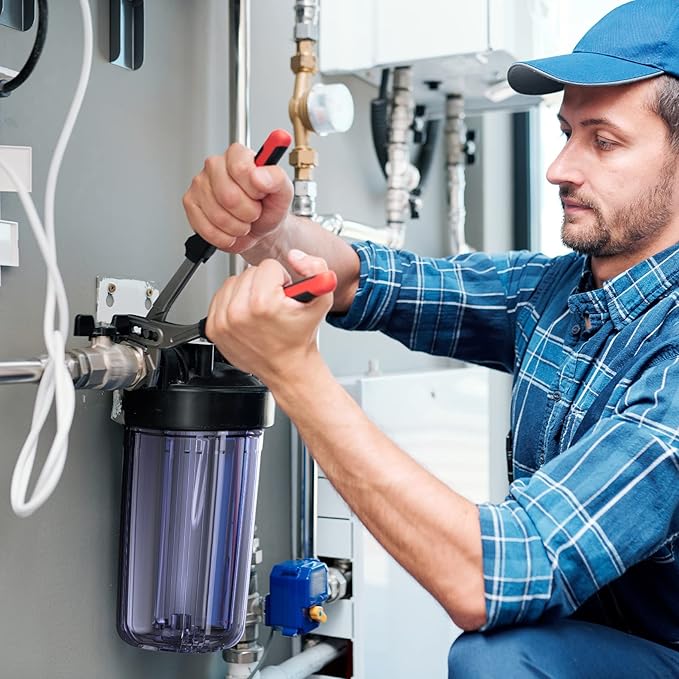 SimPure Whole House Water Big Filter Housing (DB10C), 10" x 4.5", Blue for Whole Home Water Filtration, Sediment Water Filter System for Well, 1" NPT Brass Port (Clear Housing)