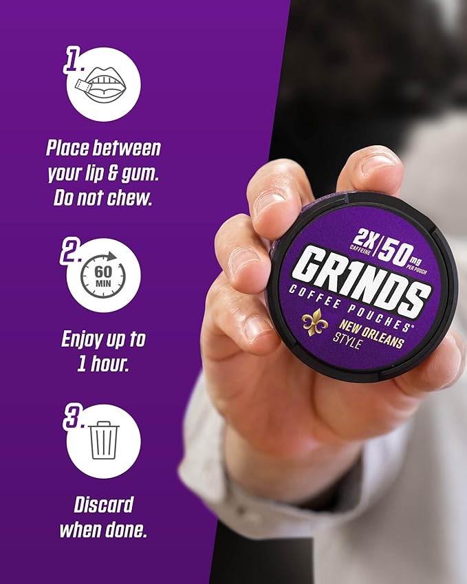 Grinds Coffee Pouches | New Orleans Flavor | 10 Cans | Brew-Free Coffee Alternative | 18 Pouches Per Can