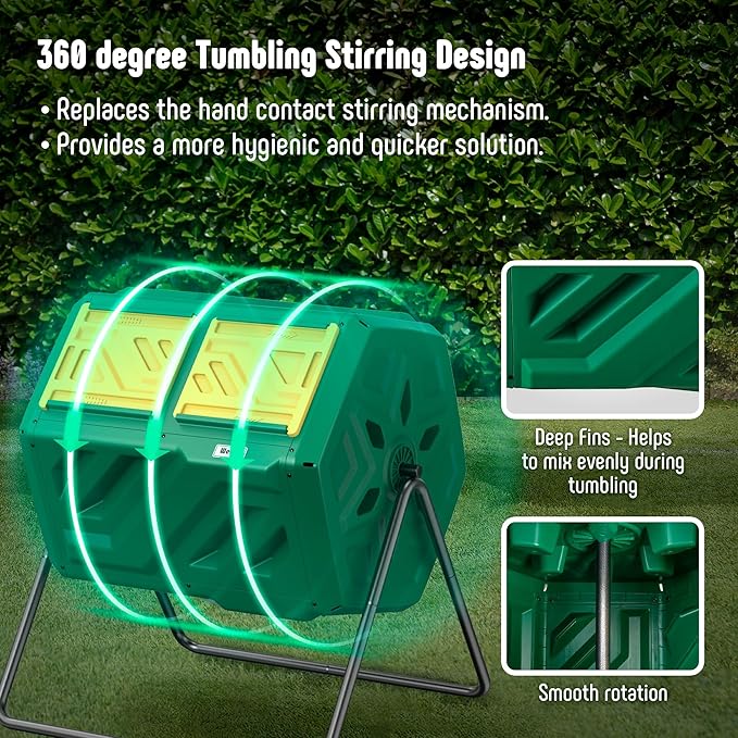 43 Gallon Compost Bin with Gloves, Fast Assembly & Easy Setup Outdoor Compost Tumbler, Updated Dual Chamber Tumbling Composter for Garden, Kitchen, and Yard Waste, Green