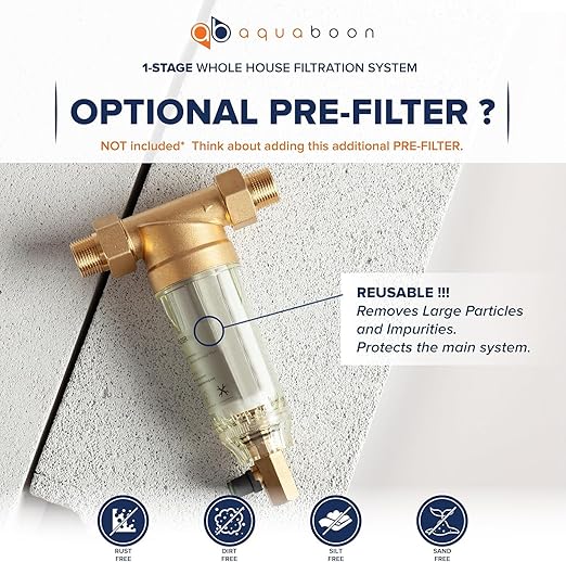 Aquaboon 3-Stage Whole House Water Filter System with 5 Micron 10x4.5 House Water Purification 2 Reducing Sediment and Carbon Chlorine Reduction Filter, Pressure Gauge, Wrench, Bracket