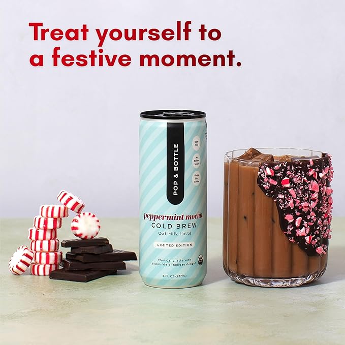 Pop & Bottle Oat Milk Lattes- Cold Brew, Cold Brew Coffee Cans, Canned Coffee, Iced Coffee, Organic, Dairy Free, Gluten Free, Lightly Sweetened with Coconut Nectar- Peppermint Mocha, 8 Fl Oz (12 Pack)