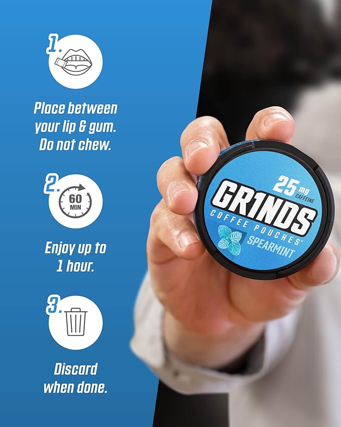 Grinds Coffee Pouches | Free, Nicotine Free clean energy option | 10 Cans of Spearmint | 18 Pouches Per Can | 1 Pouch eq. 1/4 Cup of Coffee (Spearmint)
