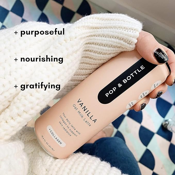 Pop & Bottle, Oat Milk Lattes - Cold Brew with Sustainably Sourced Marine Collagen, MCT Oil, Oat Milk, Organic, Dairy Free, Gluten Free, Great as Iced Coffee, Lightly Sweetened with Dates - Vanilla, 8 Fl Oz (12 Pack)