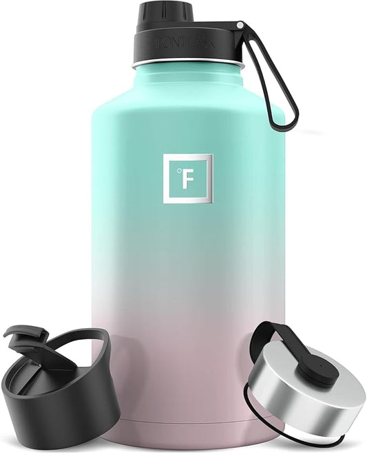 IRON °FLASK Camping & Hiking Hydration Flask with Spout, Wide Mouth Insulated Stainless Steel Sports Water Bottle - 64 oz Bubble Gum