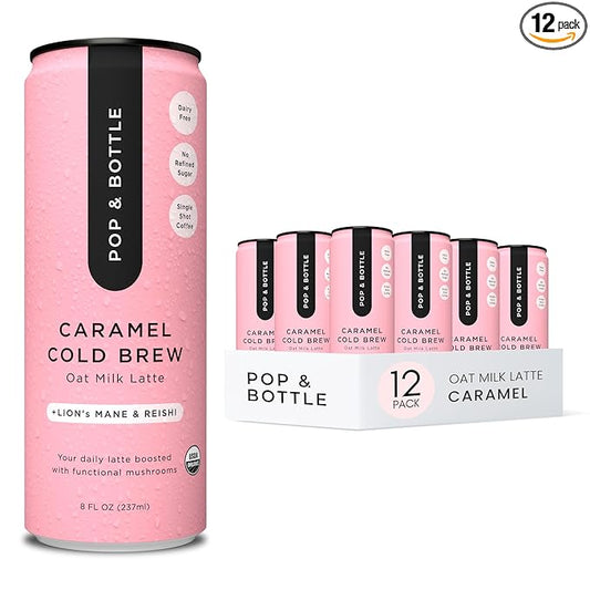 Pop & Bottle, Oat Milk Lattes - Cold Brew with Lions Mane & Reishi, MCT Oil, Single Shot Cold Brew, Mushrooms, Organic, Dairy Free, Gluten Free, Great as Iced Coffee, Lightly Sweetened with Dates - Caramel, 8 Fl Oz (12 Pack)