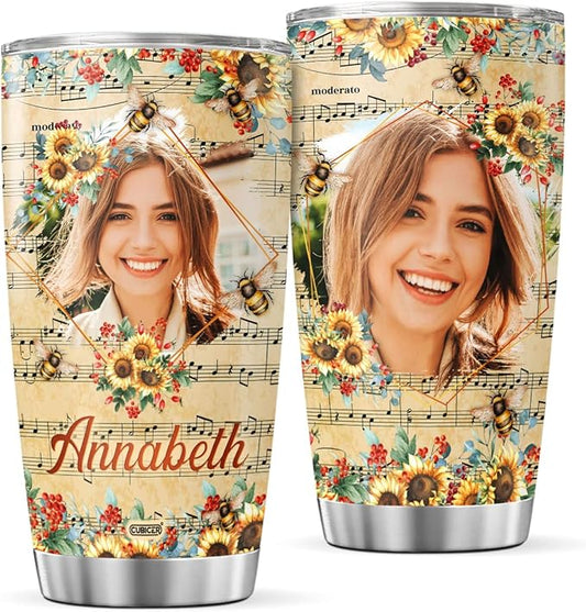 Personalized Photo Coffee Tumbler Sunflower Floral Travel Mug With Lid Custom Name Birthday Gifts For Women Mom Grandma Girls Flowers Insulated Cup Cold Steel Tumblers Hot Drink