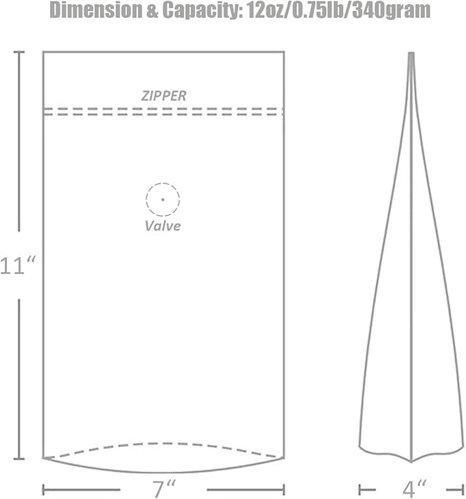 12 Ounce 100 Pieces Coffee Bags with Ziplock - High Barrier Natural Kraft Paper Stand up Coffee Pouches with Air Release/One Way Degassing Valve & Reusable Zipper (100, 12oz/0.75lb/340gm)