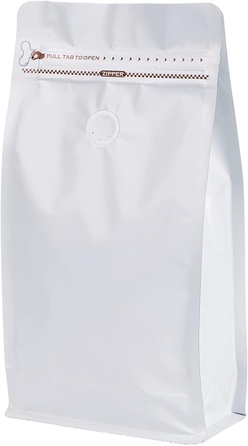 Coffee Bags with Valve(12 oz,3/4 lb,100pcs) White High Barrier Aluminumed Foil Flat Bottom Heat Sealed Coffee Beans Packaging Bags Side Zipper Resealable Bags for Home or Business