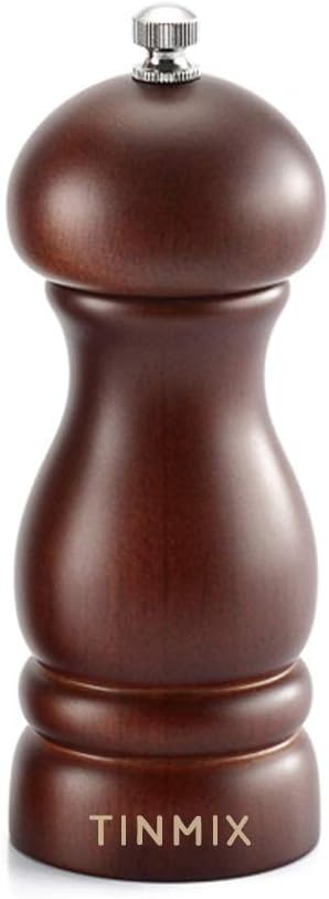 Wooden Pepper Grinder or Salt Mill, TINMIX Black Peppercorn Grinder with Adjustable Roughness Ceramic Rotor and Easily Refillable, Oak Wood Capstan Sea Salt Mill for Your Kitchen (5 inch)