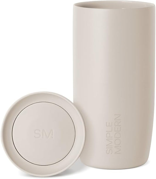 Simple Modern Travel Coffee Mug Tumbler with 360° Lid | Ceramic-Lined Insulated Stainless Steel Cold Brew Iced Coffee Cup | Gift for Women Men Her Him | Voyager Signature | 16oz | Almond Birch