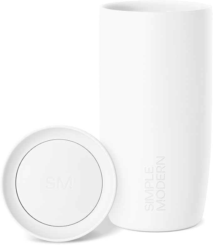 Simple Modern Travel Coffee Mug Tumbler with 360° Lid | Ceramic-Lined Insulated Stainless Steel Cold Brew Iced Coffee Cup | Gift for Women Men Her Him | Voyager Signature | 16oz | Winter White | 360° Lid, Insulated, Cold Brew, Iced Coffee Cup, Thermos