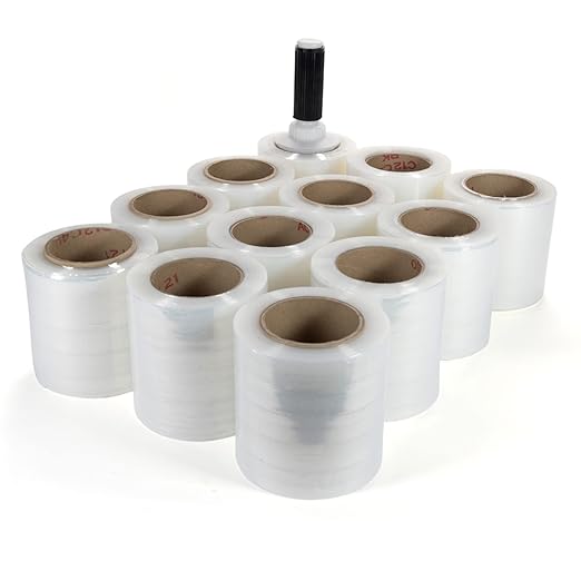 IDL Packaging 5" Stretch Wrap Mini Roll, 700 feet, 120 Gauge (Pack of 12) with a Plastic Handle Included – Industrial Grade Clear Plastic Wrap – Improved Protection for Packing, Moving, or Office