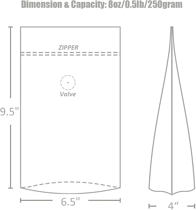 8 Ounce 100 Pieces Coffee Bags with Ziplock - High Barrier Natural Kraft Paper Stand up Coffee Pouches with Air Release/One Way Degassing Valve & Reusable Zipper (100, 8oz/0.5lb/250gm)