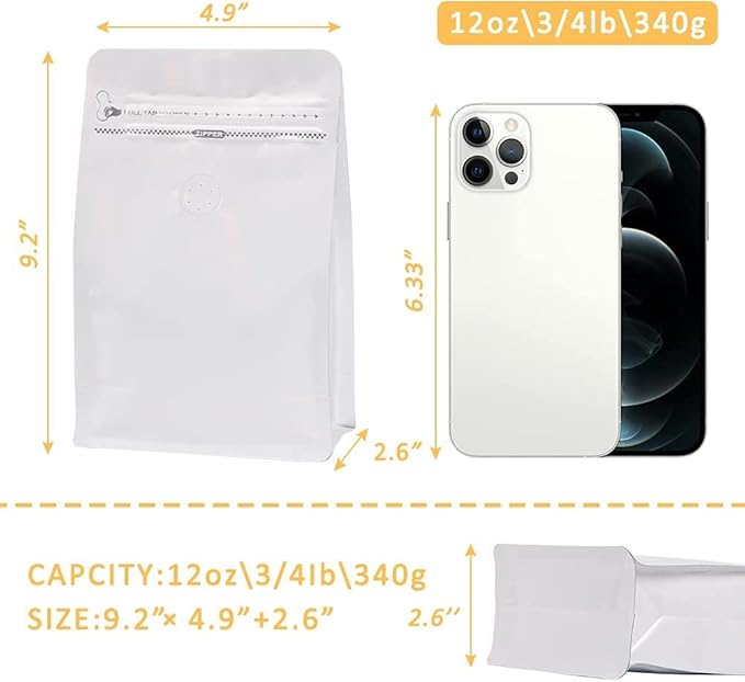 Coffee Bags with Valve(12 oz,3/4 lb,100pcs) White High Barrier Aluminumed Foil Flat Bottom Heat Sealed Coffee Beans Packaging Bags Side Zipper Resealable Bags for Home or Business