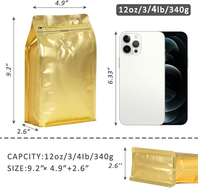 Coffee Bags with Valve(12 oz,3/4 lb,100pcs) Gold High Barrier Aluminumed Foil Flat Bottom Heat Sealed Coffee Beans Packaging Bags Side Zipper Resealable Bags for Home or Business