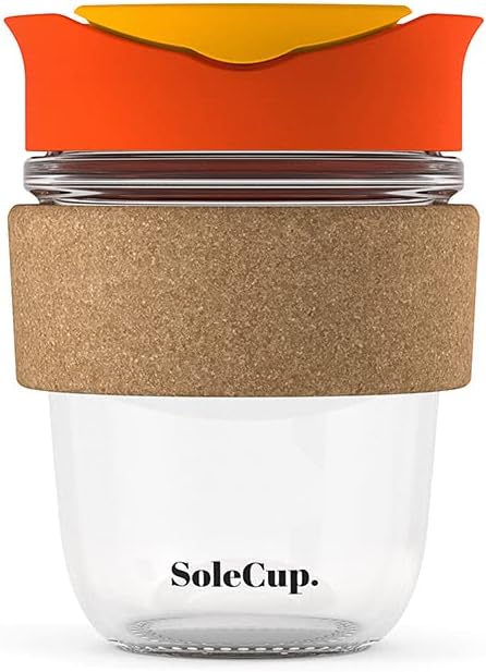 Reusable Strengthened Glass Travel Cup - Spill Proof Insulated Coffee Mug - 12oz/340ml BPA-Free Hot Drink Travel Mug with Lid & Cork Band (Red)