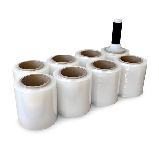 IDL Packaging 5" x 1000' Stretch Wrap Mini Roll of 80 Gauge (Pack of 8 Rolls) with Plastic Reusable Handle - Extra Sticky Clear Stretch Wrap Film - Tear-Resistant Plastic Wrap for Moving