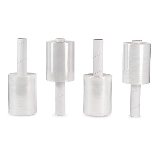 IDL Packaging 5" Stretch Wrap Mini Roll, 700 feet, 120 Gauge (Pack of 4) with an Extended Cardboard Handle – Industrial Grade Clear Plastic Wrap – Improved Protection for Packing, Moving, and Office
