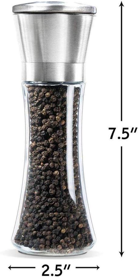 Salt and Pepper Grinder Tall Size - Black Pepper,Herb Shakers Mill Refillable Manual - Stainless Steel Lid - Adjustable Coarseness - Glass Material- Fits in Home,Kitchen,Barbecue